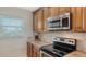 Close-up of a kitchen area with stainless steel microwave and oven appliance, and tiled backsplash at 4741 Independence Dr, Bradenton, FL 34210