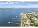 Stunning aerial view of waterfront homes with docks along the serene bay at 7416 Riverview Dr, Bradenton, FL 34209