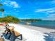 Beautiful beach with benches overlooking a tranquil bay and dock at 6821 Longboat S Dr, Longboat Key, FL 34228