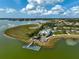 Aerial view of the lake house and docks at 8261 Grande Shores Dr, Sarasota, FL 34240