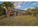 Beautiful backyard featuring a screened lanai, lush lawn, and tropical palm trees, perfect for outdoor living at 8261 Grande Shores Dr, Sarasota, FL 34240