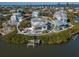 Beautiful aerial view of a coastal home featuring a pool, lush landscaping, and waterfront access at 114 Gull Dr, Anna Maria, FL 34216