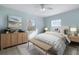 Serene bedroom features a comfortable bed, soft blue walls, and natural light from two windows at 8466 Maureen Ave, North Port, FL 34287