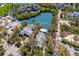 Aerial view showcases a waterfront property with a private pond and mature trees at 3721 Flamingo Ave, Sarasota, FL 34242