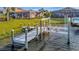 Scenic view of a private boat dock with a boat lift, complemented by lush greenery and waterfront access in this tranquil backyard at 5607 Tidewater Preserve Blvd, Bradenton, FL 34208