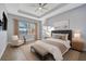 Serene main bedroom with tray ceiling, featuring a comfortable bed, seating area, and ample natural light at 5607 Tidewater Preserve Blvd, Bradenton, FL 34208