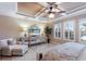 Main bedroom with a sitting area, tray ceiling, shuttered windows and decorative console with a large TV at 4610 Balboa Park Loop, Lakewood Ranch, FL 34211