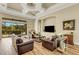 Spacious living room with leather sofas, wood floors, and a sliding glass door to the outdoor patio at 5341 Greenbrook Dr, Sarasota, FL 34238