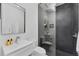 Modern bathroom featuring black and white tiles, a stylish sink, and a sleek design at 6669 Windjammer Pl, Lakewood Ranch, FL 34202