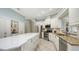Bright kitchen has stainless steel appliances, granite counters, an island, and white cabinets at 12471 Natureview Cir, Bradenton, FL 34212