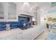 Close up of bright kitchen with white cabinets, blue backsplash, and stainless steel appliances at 12917 42Nd W Ter, Cortez, FL 34215