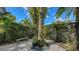 Tranquil backyard featuring a stone bench, lush greenery, trees, decorative rocks, and natural landscaping at 2434 Wood St, Sarasota, FL 34237