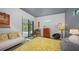 Stylish bedroom featuring a yellow patterned bedspread, concrete floors, and sliding glass doors to the backyard at 2434 Wood St, Sarasota, FL 34237