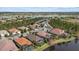 Aerial perspective of a residential neighborhood featuring homes with pools and views of a serene lake at 15608 Leven Links Pl, Lakewood Ranch, FL 34202