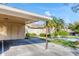Carport, a parking area, and a small garden including palm trees next to the property at 3443 Tallywood Cir # 7061, Sarasota, FL 34237