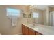 Bathroom showcasing a long countertop with sink, ample lighting, and neutral-toned decor at 6920 74Th Street E Cir, Bradenton, FL 34203