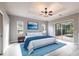Relaxing main bedroom features tray ceiling, fan, and private access to the lanai at 2111 152Nd E Ct, Bradenton, FL 34212