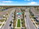 A panoramic aerial view of the community, showcasing the pool, clubhouse, and well-maintained residential streets at 3747 Laughing Dove Ave, Sun City Center, FL 33573
