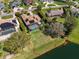 Aerial view showcases backyard with pool, privacy hedge, and waterfront view of the pond at 3336 Lakeside Cir, Parrish, FL 34219