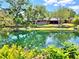 Scenic backyard view featuring lush landscaping and serene pond reflecting the beautiful home and trees on a sunny day at 1407 Willow Oak Cir, Bradenton, FL 34209