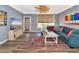 Relaxing living room showcasing a comfortable blue sofa, eclectic rug, modern television and ample natural light at 4802 51St W St # 1811, Bradenton, FL 34210
