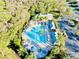 An aerial view of the community pool with blue umbrellas, lounge chairs and a hot tub at 8134 Coates Row Pl, Bradenton, FL 34201