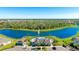 Breathtaking aerial view showcasing a lake, water fountain, clubhouse, and pool, capturing the essence of community at 12750 Oak Hill Way, Parrish, FL 34219