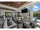 Outdoor living area featuring a fireplace, wood ceiling, and comfortable furniture with backyard pool access at 1525 Mallard Ln, Sarasota, FL 34239