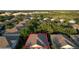 Aerial view of a townhome nestled in a lush community with mature trees and nearby pond at 6768 Breezy Palm Dr, Riverview, FL 33578