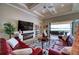 Bright living room featuring a fireplace, modern furniture, and sliding glass doors to a water view at 7760 Grande Shores Dr, Sarasota, FL 34240