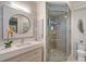 Contemporary bathroom featuring a glass-enclosed shower, modern vanity, and elegant circular mirror at 14733 Como Cir, Lakewood Ranch, FL 34202