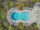 Overhead shot of a community pool surrounded by lounge chairs and greenery at 8609 Evening Dr, Sarasota, FL 34241