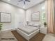 Staged bedroom featuring modern furniture, neutral carpet, a ceiling fan, double door closet, and a window with natural light at 4744 Benito Ct, Lakewood Ranch, FL 34211