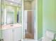 Bright bathroom featuring green walls, a glass-enclosed shower, large vanity, and mirrored wall at 4245 Corso Venetia Blvd, Venice, FL 34293