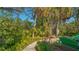 Lush backyard featuring mature trees, tropical plants, and a serene winding pathway at 2377 Burton Ln, Sarasota, FL 34239