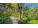 Backyard garden features a lush lawn, tropical plants, mature trees, and path at 2377 Burton Ln, Sarasota, FL 34239