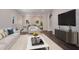 Modern living room featuring gray wood floors, stylish furniture, and an adjacent dining area at 501 Reclinata Dr, Longboat Key, FL 34228