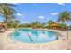 Community swimming pool featuring a zero entry walk-in, lounge chairs, palm trees, and sunshades at 5556 Cantucci St, Nokomis, FL 34275