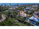 Aerial view showcasing this waterfront property, nestled among lush greenery and with a boat dock on canal at 650 Penfield St, Longboat Key, FL 34228