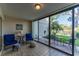 Enclosed lanai featuring tile floors, comfortable seating, and a serene view of the lake and lush greenery beyond at 3810 75Th W St # 123, Bradenton, FL 34209