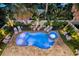 Aerial view of a sparkling backyard pool and jacuzzi surrounded by lush landscaping and lounge chairs at 119 Avenida Messina, Sarasota, FL 34242