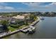 Panoramic aerial shot showcasing waterfront homes featuring docks, boat lifts, screened pools, and lush foliage at 5040 Lake Overlook Ave, Bradenton, FL 34208