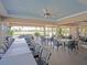 Covered outdoor dining area with ample seating, ceiling fans, and scenic golf course views at 6501 Stone River Rd # 205, Bradenton, FL 34203