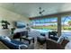Screened-in patio area featuring comfortable furniture, a ceiling fan, and a view of the pool and golf course at 15209 Montello Way, Bradenton, FL 34211