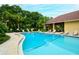 Sparkling community pool with inviting lounge chairs, clear water and beautiful palms at 966 La Costa Cir # 1, Sarasota, FL 34237