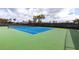 Tennis court with green and blue surface, mature trees, and black fencing at 11679 Renaissance Blvd, Venice, FL 34293