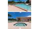Community pool and hot tub with ample lounging space and palm trees surrounding a clubhouse at 8503 Gateway Ct, Englewood, FL 34224