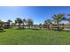 Green backyard view with palm trees and a tranquil lake, creating a peaceful outdoor experience at 17026 Loudon Pl, Bradenton, FL 34202