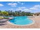 Community pool surrounded by brick patio and lush tropical landscaping at 17119 Harvest Moon Way, Bradenton, FL 34211