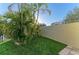 Lush backyard with green lawn, privacy wall, well-maintained landscaping and tropical trees at 503 Spring Lakes Blvd # 503, Bradenton, FL 34210